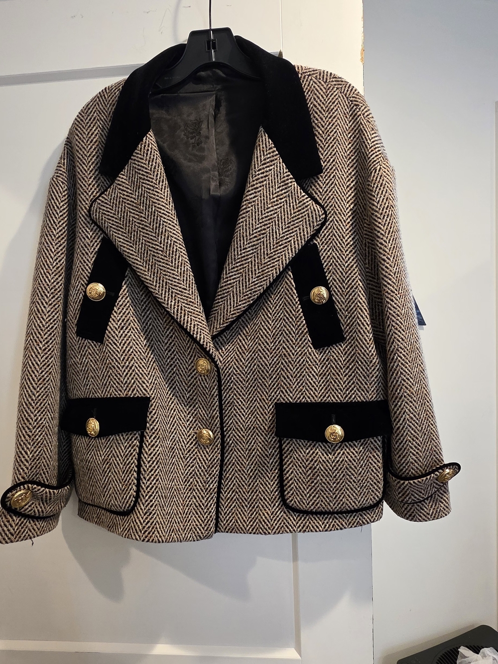 Herringbone Wool-Blend Peacoat with Black Velvet Trim